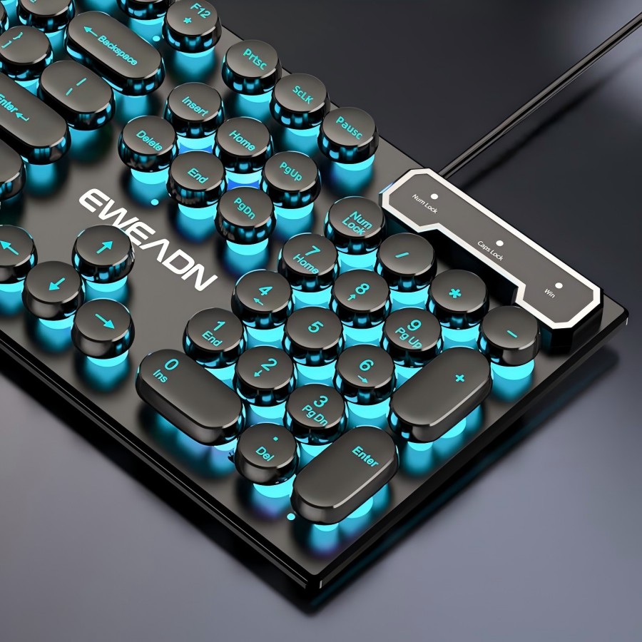 Gaming Keyboard Typewriter - EWEADN タイプライターゲーミングキーボード、104キー、レトロパンクラウンドキーキャップ、ブルーバックライト、USB有線、Windows PC/ラップトップ用