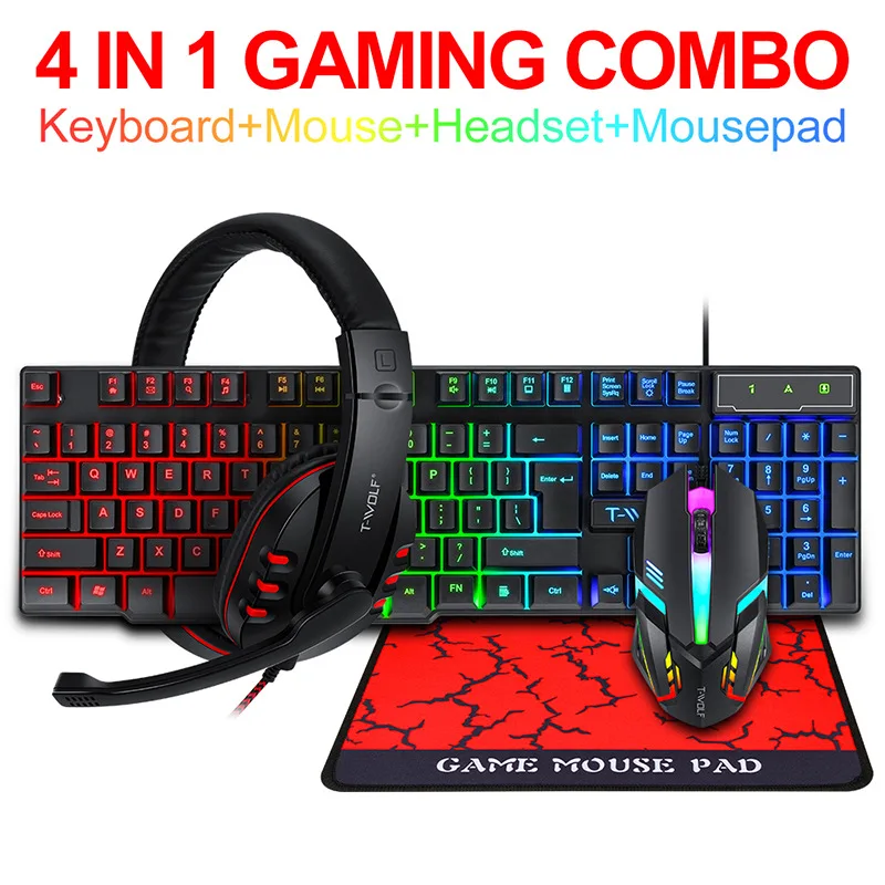 Gaming Keyboard Mouse Set - T-WOLF ゲーム4点セット TF800 発光マウス キーボード イヤホン