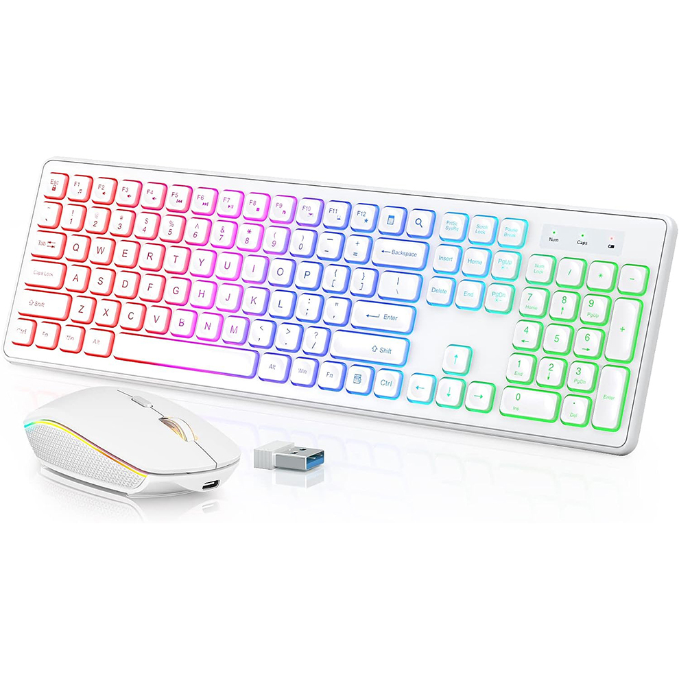 Gaming Keyboard Mouse Set - バックライト付きワイヤレスキーボードとマウス、静かなライトアップキー、傾斜脚、コンピュータ、PC、ラップトップ用の充電式USBコードレスコンボ
